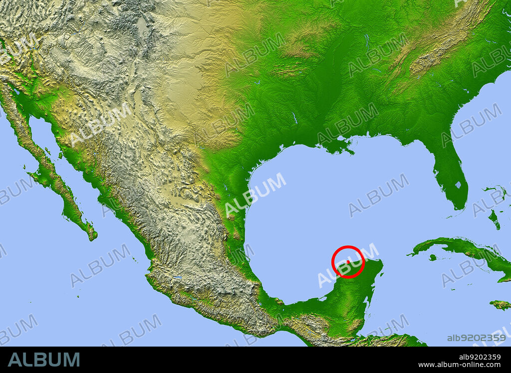 Chicxulub crater. Map showing the location of the Chicxulub impact crater (center) on the Yucatan Peninsula, Mexico. This impact may have caused the extinction of the dinosaurs and 70% of all Earth's species 65 million years ago. The four red dots represent the cities of (from left to right): Mexico City, Tempico (where material ejected from the crater has been found), Havana and Miami.