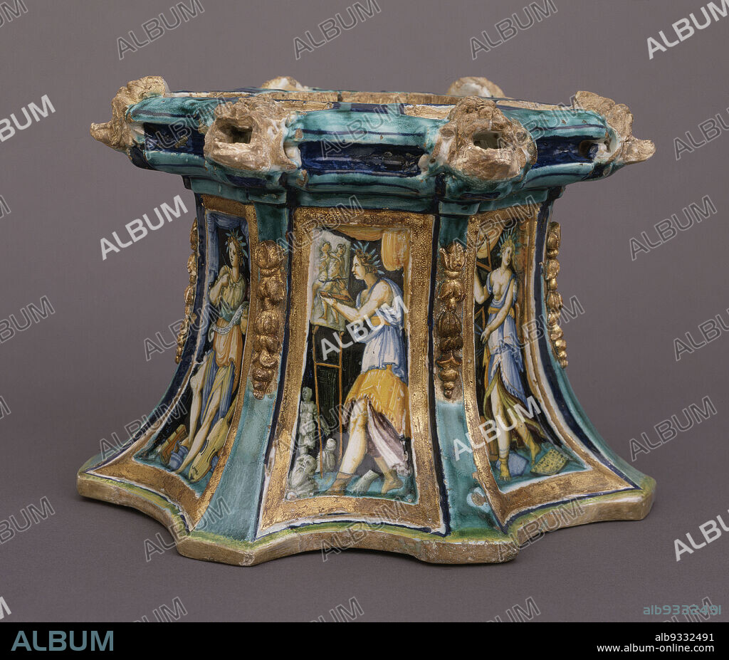 Inkstand or Base of a Centerpiece, workshop of Guido Durantino (Guido di Nicolò Schippe), Italian, active 15201576, c.1546, Tin-glazed earthenware and gilding, Made in Urbino, Marches region, Italy, Europe, Ceramics, widest point: 6 1/2 x 9 in. (16.5 x 22.9 cm).