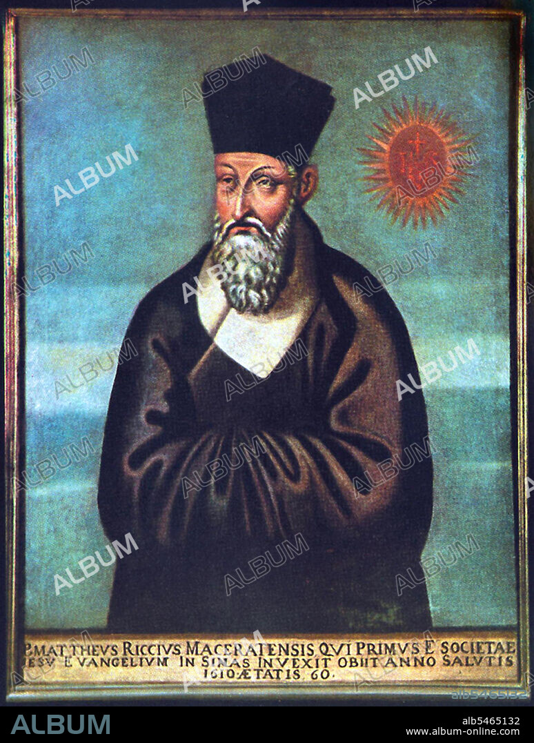 Matteo Ricci, SJ (October 6, 1552 - May 11, 1610; simplified Chinese: Limadou; courtesy name: Xitai) was an Italian Jesuit priest, and one of the founding figures of the Jesuit China Mission. Painted in 1610 by the Chinese brother Emmanuel Pereira (born Yu Wen-hui), who had learned his art from the Italian Jesuit, Giovanni Nicolao. The age is incorrect: Ricci died during his fifty-eighth year. The portrait was taken to Rome in 1616 and displayed at the Jesuit house together with paintings of Ignatius of Loyola and Francis Xavier. It still hangs there.