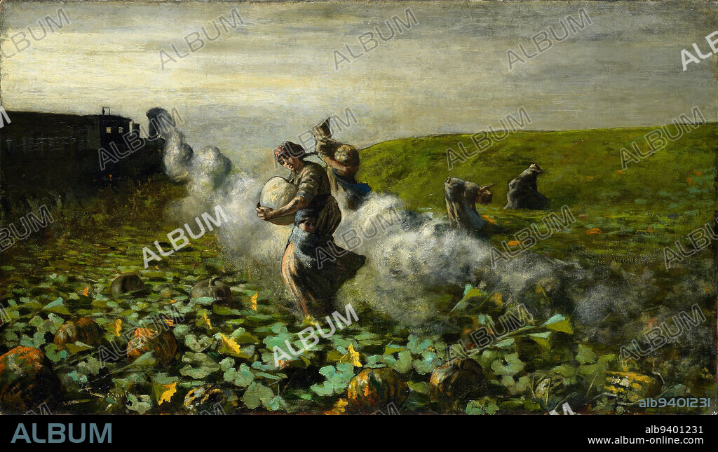 The Pumpkin Harvest, 1897, Giovanni Segantini, Italian, 1858 - 1899, 33 x 57 1/8 in. (83.82 x 145.1 cm) (sight)50 x 74 1/4 x 5 1/4 in. (127 x 188.6 x 13.34 cm) (outer frame), Oil on canvas, Italy, 19th century, 'Within the lifetime of a single generation, a rustic and in large part wild landscape was transformed into the site of the world's most productive industrial machine. It would be difficult to imagine more profound contradictions of value or meaning than those made manifest by this circumstance.' So writes Leo Marx in his touchstone book The Machine in the Garden (1964).