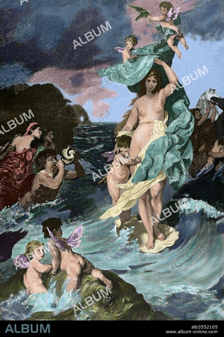 Venus Anadyomene or Venus Rising From the Sea. Is depicted her birth emerging nude from the sea with an scallop shell. Engraving by Knesing, 19th century. Colored.