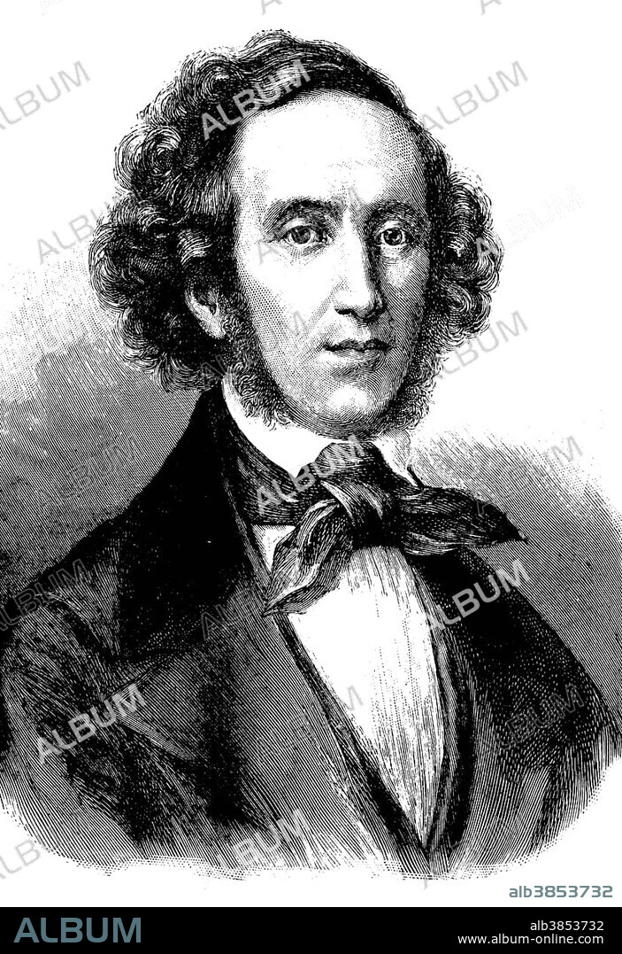 Jakob Ludwig Felix Mendelssohn Bartholdy, 1809 - 1847, a German composer, pianist and organist, he is considered one of the greatest musicians of the Romantic period, historic wood engraving, about 1897.