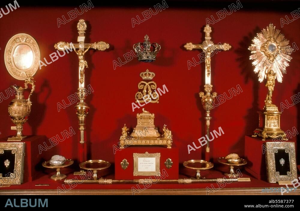 Charles X, King of France (1824-30), (as Comte D'Artois); 1757-1836. Religious objects used during the coronation of Charles X: crucifix, "Sainte Ampoule" reliquary, monstrance, crown insignias and other sacramental objects. Goldsmithery. Reims, Palais du Tau.