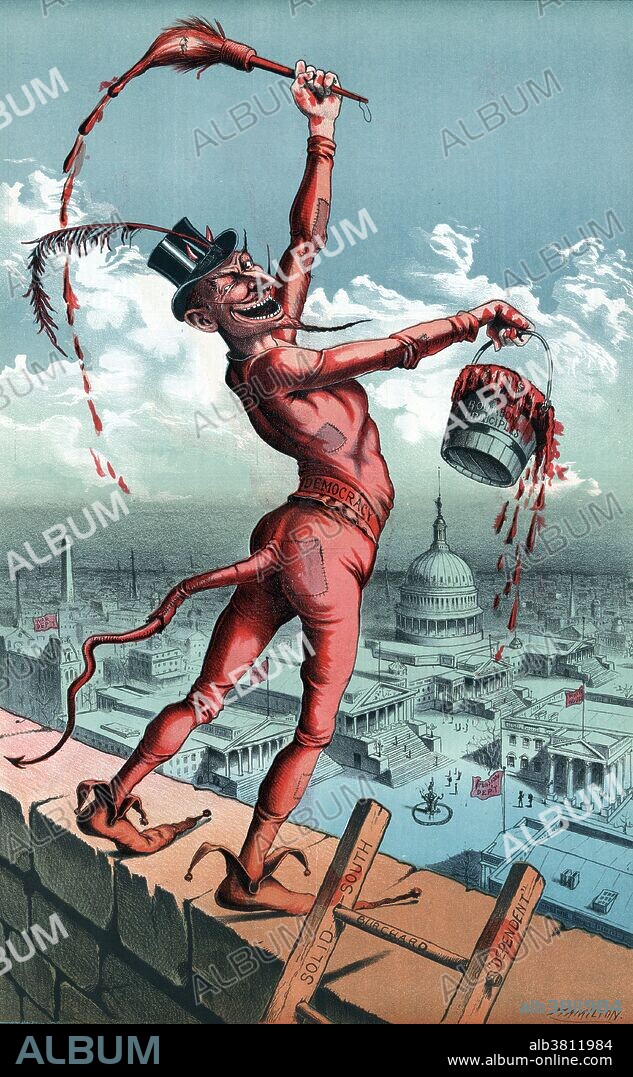 Entitled: "To begin with, I'll paint the town red." Cartoon showing "Democracy" portrayed as the devil holding a bucket labeled "Bourbon Principles" and a paintbrush (in which appears a profile caricature of Grover Cleveland), both dripping red paint with which he plans to "paint the town"; he is standing on a wall overlooking a view of Washington, D.C. Bourbon Democrat was a term used in the United States from 1876 to 1904 to refer to a conservative or classical liberal member of the Democratic Party. Bourbon Democrats were promoters of a form of laissez-faire capitalism which included opposition to the protectionism that the Republicans were then advocating as well as fiscal discipline. They represented business interests, generally supporting the goals of banking and railroads but opposed to subsidies for them and were unwilling to protect them from competition. They opposed imperialism and U.S. overseas expansion, fought for the gold standard, and opposed bimetallism and promoted hard and sound money. Strong supporters of reform movements such as the Civil Service Reform and opponents of the corrupt city bosses, Bourbons led the fight against the Tweed Ring. Illustrated by Grant E. Hamilton for Puck magazine and published by Keppler & Schwarzmann, January 31, 1885.