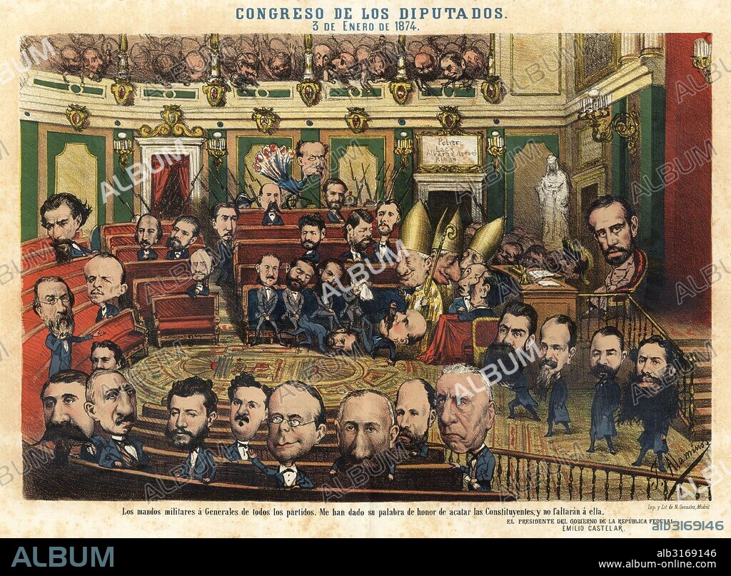 JUAN ALAMINOS LóPEZ. Ilustración satírica publicada en la revista semanal La Nueva Flaca, enero de 1874. Sesión de las Cortes constituyentes presidida por Emilio Castelar, presidente.
