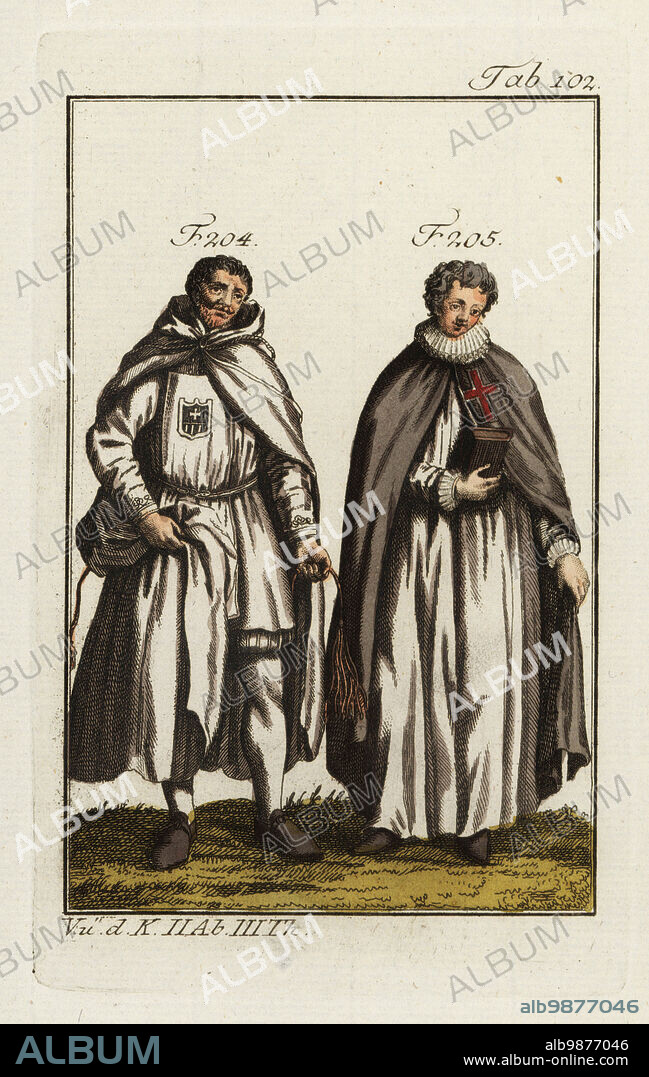 Knights of Our Lady of Sorrows 204 and the Glorious Virgin Mary 205. The Order of Our Lady of Sorrows was founded in 1230 by Pierre Nolasque, governor of Aragon, and Raymond de Pegnafort, Canon of Barcelona. The Order of the Glorious Virgin Mary was founded in 1233 by Bartholome, Bishop of Vicence. Copied from an illustration by Christoph Weigel in Philipp Bonannis Ritter-Ordern, 1728. Handcolored copperplate engraving from Robert von Spalart's Historical Picture of the Costumes of the Principal People of Antiquity and Middle Ages, Vienna, 1802.