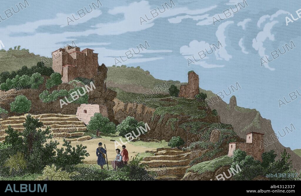 Historia de Arabia. Vista de bulgosa en las montañas donde se produce café. Grabado por Vanderburch. Lemaitre direxit. Panorama Universal. Historia de la Arabia,1851. Coloreado.