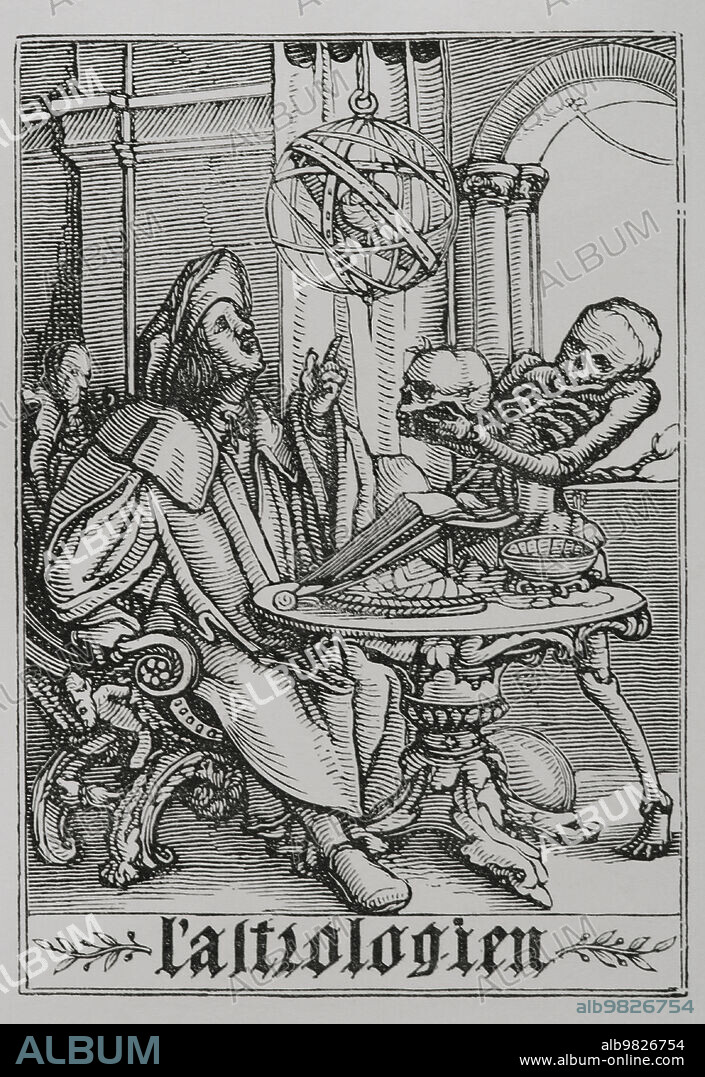 El Astrólogo. Un oficio que prevé la muerte pero que es sorprendida por ella. Facsímil de un grabado perteneciente a la serie "La Danza de la Muerte" de Hans Holbein el Joven, en "Les Simulachres et Histoires facées de la Mort", 1538. "Vie Militaire et Religieuse au Moyen Age et à l'Epoque de la Renaissance". París, 1877.