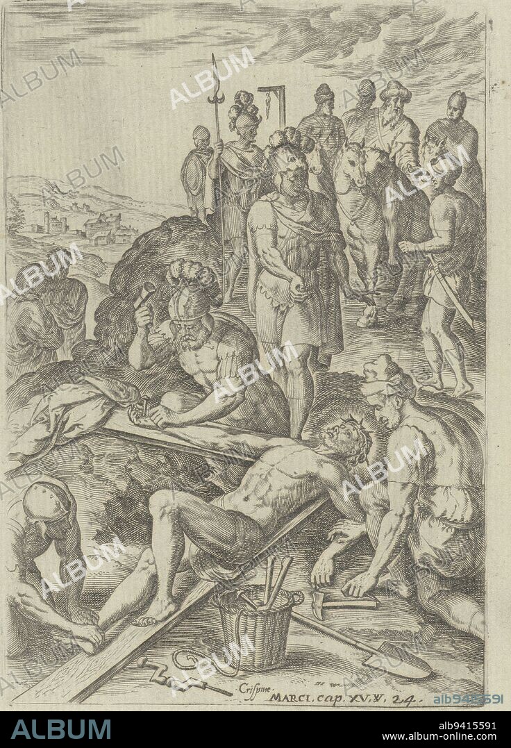 Book illustration of the story of the crucifixion of Christ (Mark 15:24). Roman soldiers crucify Christ and take away his cloak. The print includes a caption with a reference to the accompanying Bible passage. Crucifixion of Christ Scenes from the Bible Biblia Sacra , print maker: Johannes Wierix, (mentioned on object), Crispijn van den Broeck, (mentioned on object), Christoffel Plantijn, Antwerp, 1583, paper, engraving, h 169 mm × w 115 mm.