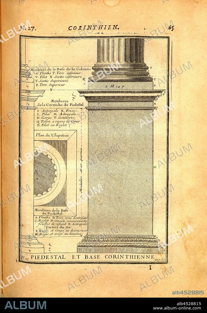 Piedestal and Corinthian base, Piedestal and base of a Corinthian column, Pl. 27, p. 65, 1720, Augustin-Charles d'Aviler: Cours d'architecture: qui comprend les ordres de Vignole, avec des commentaires, les figures & descriptions de ses plus beaux bâtimens, & de ceux de Michel-Ange, plusieurs nouveaux desseins, ornemens & préceptes, contenant la distribution, la décoration, la matière & la construction des édifices, la maçonnerie, la charpenterie, la couverture, la serrurerie, la menuiserie, le jardinage & tout ce qui regarde l'art de bâtir: avec une ample explication par ordre alphabetique de tous les termes. A Paris: chez Jean Mariette, MDCCXX [1720].