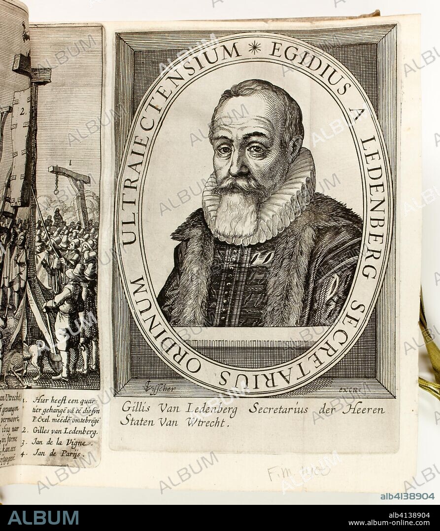 CLAES JANSZ. VISSCHER II. Portrait and Execution of Gilles van Ledenberg. Claes Jansz. Visscher; Dutch, 1587-1652. Date: 1619. Dimensions: 203 x 160 x 40 mm. Book of 40 prints, portraits and pamphlets, bound in cream vellum. Origin: Netherlands.