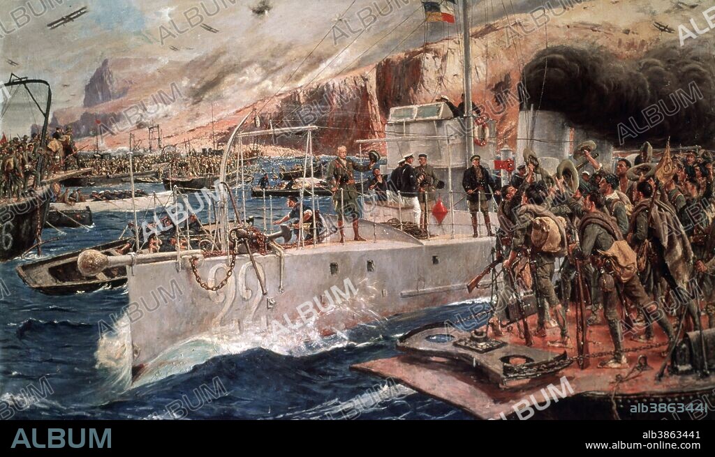 MORENO CARBONERO , JOSE. PINTOR ESPAÑOL . MALAGA 1860 - 1942. " DESEMBARCO DE ALHUCEMAS " , OLEO.. EN LA CUBIERTA MIGUEL PRIMO DE RIVERA Y JOSE SANJURJO. ACCION DE GUERRA DE LAS TROPAS ESPAÑOLAS EN MARUECOS EL 8 DE SEPTIEMBRE DE 1925, DURANTE . EL REINADO DE ALFONSO XIII.
