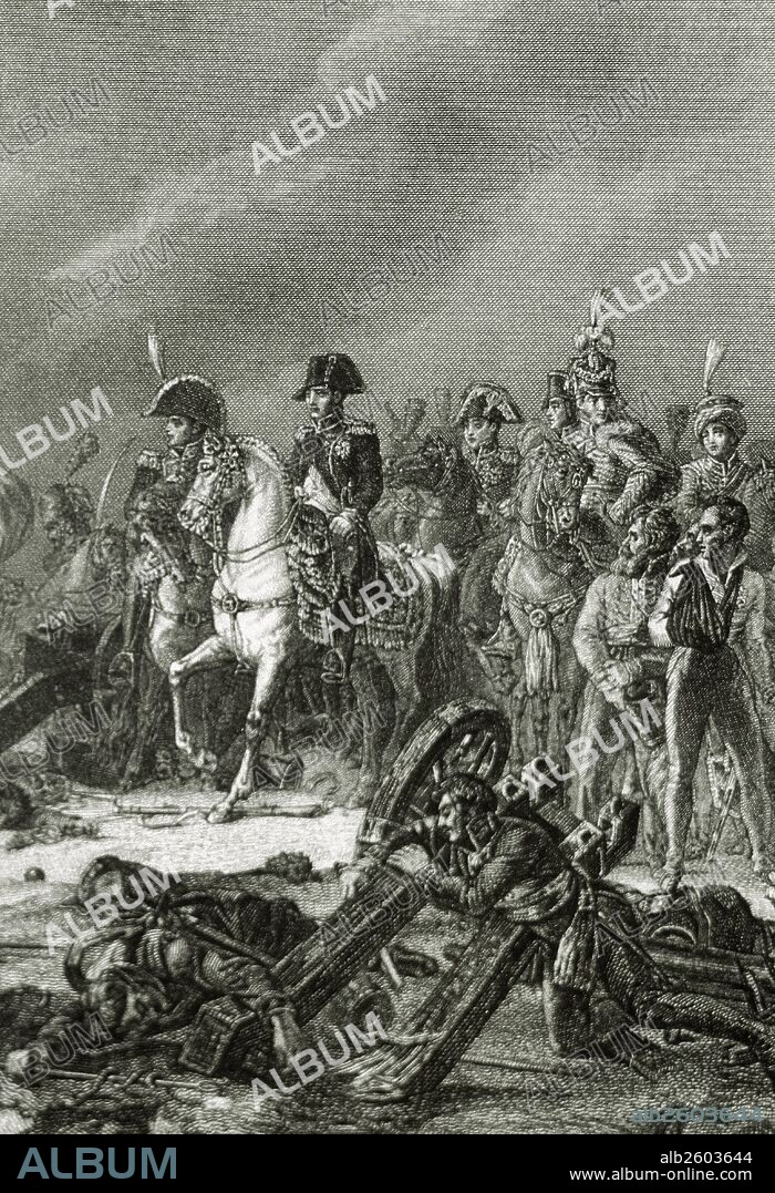 HISTORIA DEL IMPERIO NAPOLEONICO. GUERRAS NAPOLEONICAS (1796-1815). "BATALLA DE AUSTERLITZ" (2 de diciembre de 1805) Victoria del ejército francés sobre las tropas austro-rusas. "EL EMPERADOR NAPOLEON CON SU ESTADO MAYOR EN EL CAMPO DE BATALLA". Grabado de "Historia Universal" (1869) a partir del detalle de un óleo de F. Gérard.