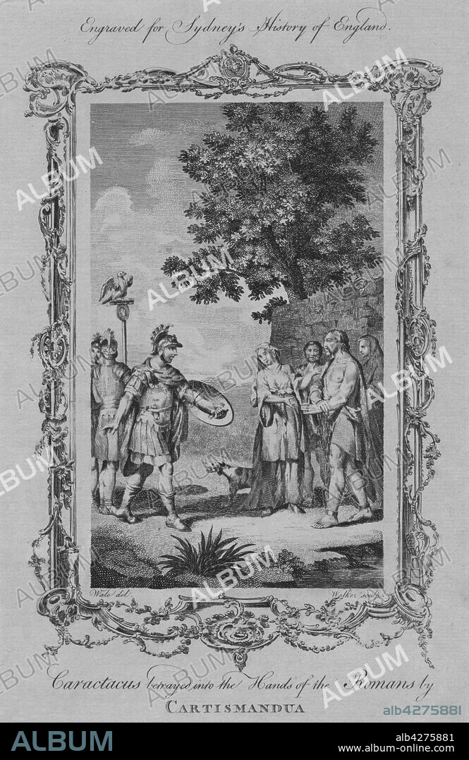 WILLIAM WALKER. 'Caractacus betrayed into the Hands of the Romans by Cartismandua', 1773. Queen Cartimandua of the Brigantes, loyal to Rome, captured Caratacus, Catuvellauni chieftain who led British resistance to the Roman conquest, and handed him over to the Romans. After Samuel Wale (1721-1786). From "A New and Complete History of England, From the Earliest Period of Authentic Intelligence to the Present Time", by Temple Sydney. [J. Cooke, London, 1773].