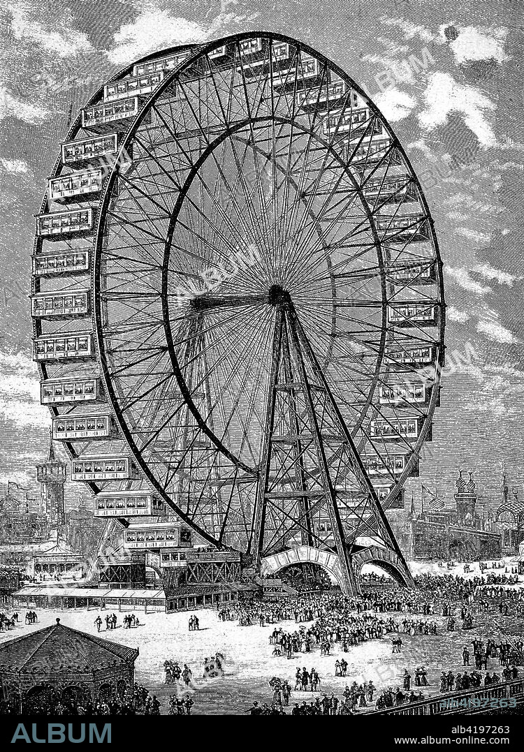 The giant air carousel at the 1893 Chicago World Exhibition, World's Columbian Exposition also featured The Chicago World's Fair, America, historical image or illustration, published 1890, digital improved.