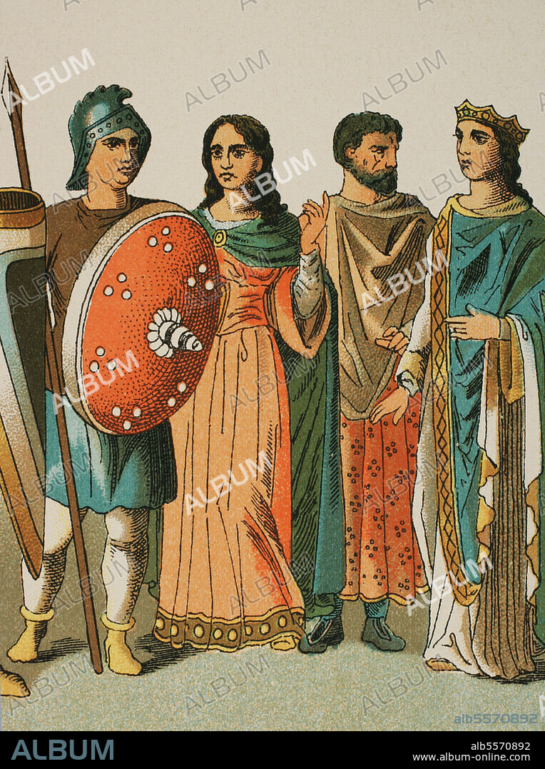 Edad Media. Francia (año 900). De izquierda a derecha: guerrero, dama, noble y princesa. Cromolitografía. Historia Universal, por César Cantú. Tomo IV. Publicado en Barcelona, 1881.