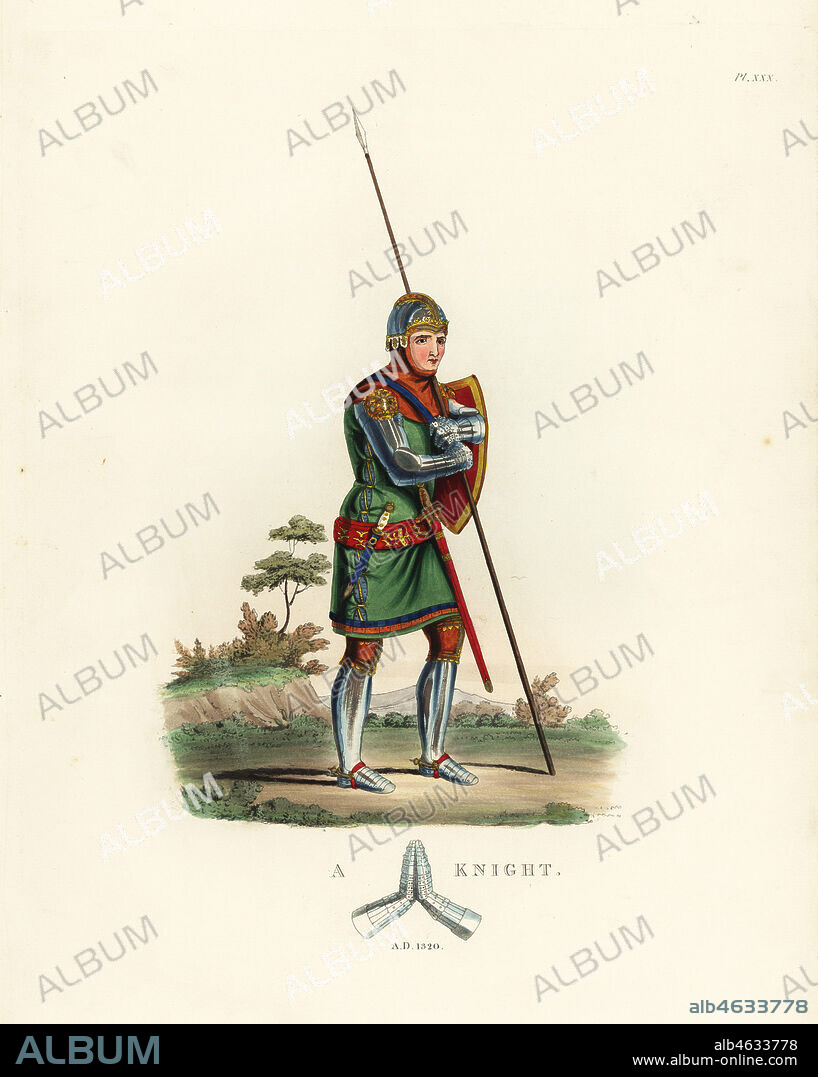 A knight, 1320. He wears a suit of plate armour on a cloth tunic with bassinet helmet, hauketon, gauntlets, ornamented kneecaps, short surcoat laced on the right side. From an effigy in Ash Church, Kent. Handcoloured lithograph after an illustration by S.R. Meyrick from Sir Samuel Rush Meyrick's A Critical Inquiry into Antient Armour, John Dowding, London, 1842.