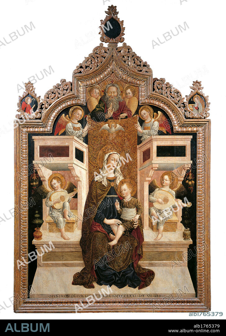 Madonna Enthroned with Child and Eternal Father among Angels Musicians, by Jacopo Loschi, 1471, 15th Century, mixed on panel, cm 222 x 171. Italy, Emilia Romagna, Parma, National Gallery. All. Madonna Virgin Mary the Infant Jesus throne angels musicians lute Eternal Father old man beard blessing Cherubs mantle cloak brown gold blue dove Holy Spirit Holy Ghost. Authorization required for non editorial use.