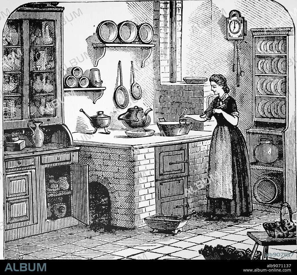 Illustration depicting a kitchen scene from "Mrs Beeton's Book of Household Management" written by Isabella Beeton. Isabella Beeton (1836-1865) an English journalist, editor and writer. Dated 19th century.