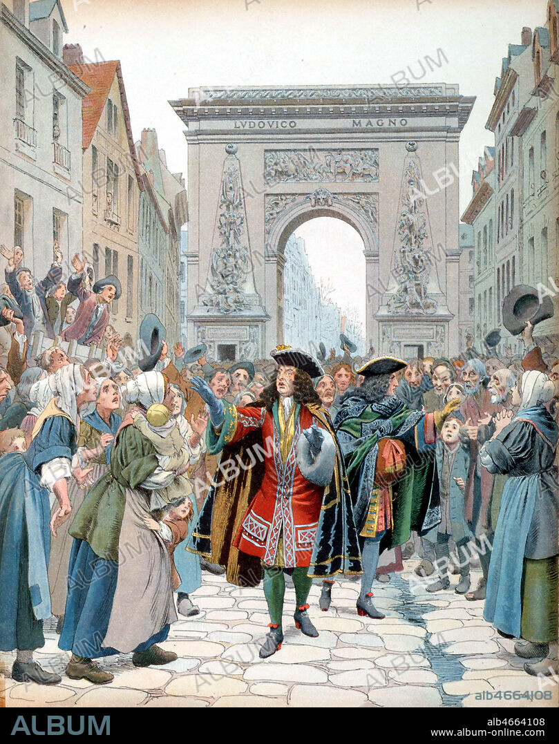 Le marechal de BOUFFLERS (1644-1711), pendant l'hiver de 1709, calme une emeute de parisiens affames rue Saint-Denis. Illustration de Maurice LELOIR (1851-1940) pour Le Roy Soleil de Gustave TOUDOUZE (1847-1904). Credit : Collection KHARBINE-TAPABOR.