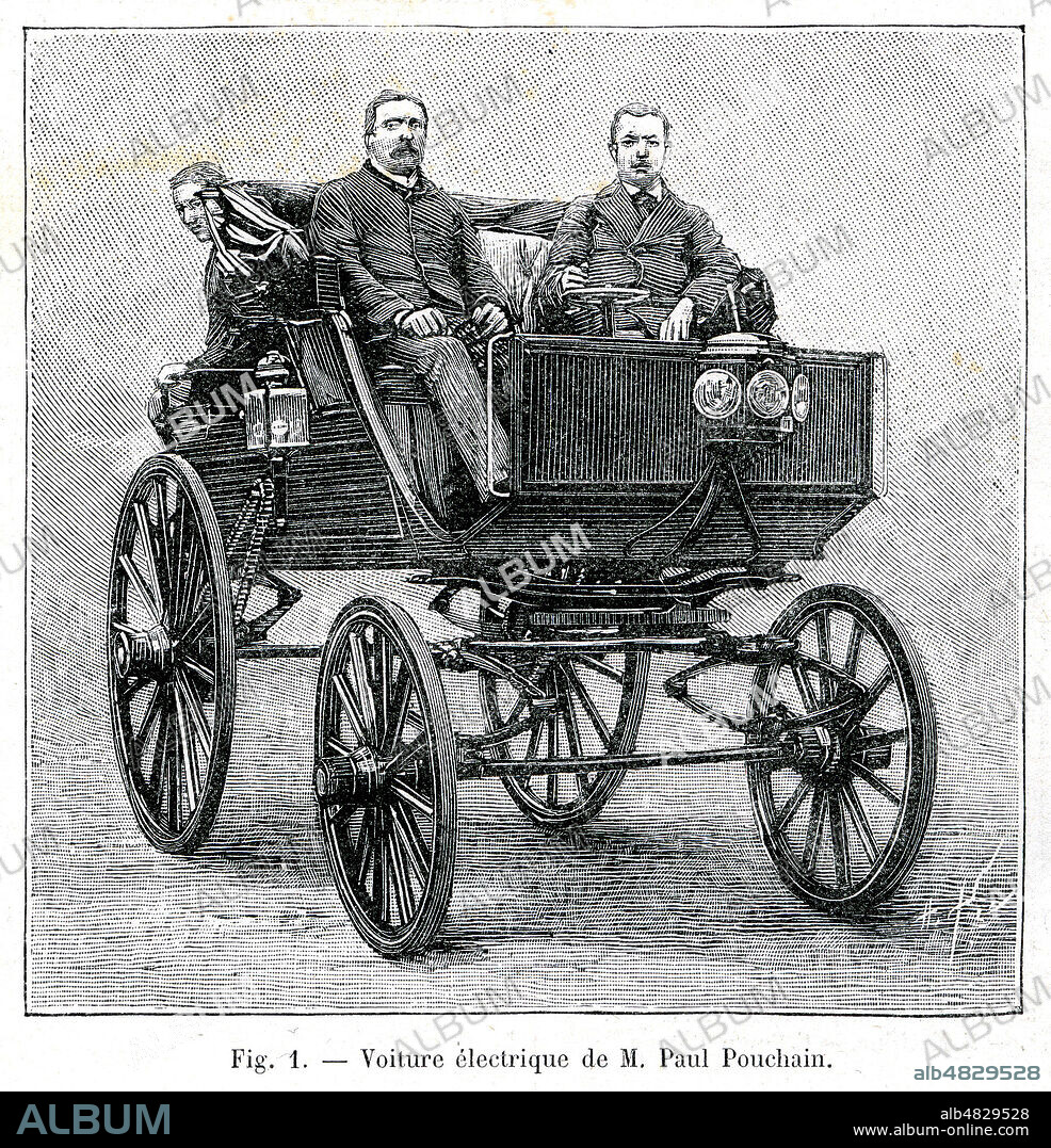 Voiture electrique de Paul POUCHAIN. Illustration de Louis POYET (1846-1913) pour La Nature du 2 decembre 1893. Credit : Collection Kharbine-Tapabor.