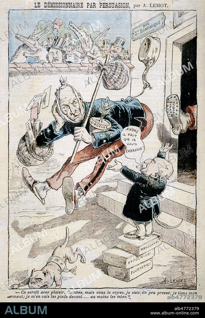 'Le demissionnaire par persuasion. Le General Andre est jete dehors de la rue Saint Dominique, Combes debout sur des boites Hypocrisie, Mensonge, Fourberie, lui dit : Andre, il faut que je vous embrasse, il repond : ce serait avec plaisir , Combes, mais vous le voyez, je suis un peu presse...' Caricature a propos de l'Affaire des Fiches : Scandale politique financier qui contribua a la demission du ministere Combes: le general Andre, ministre de la guerre organise un service occulte de renseignements sur les opinions politiques et religieuses des officiers, afin d'en tenir compte pour leur avancement. Ces fiches lui etaient fournies par le Grand Orient de France. Denonce a la Chambre en octobre 1904, le general Andre fut contraint de demissionner le 15 novembre et le ministere Combes tomba le 19 janvier 1905. Illustration A. Lemot in LE PELERIN 27/11/1904. Credit Collection Kharbine Tapabor.