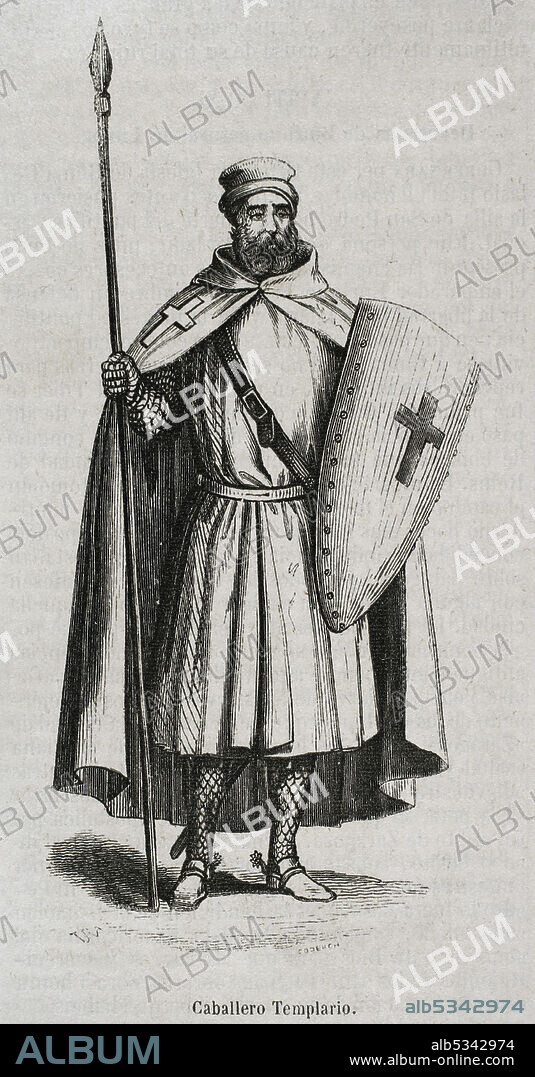 CODERCH. SPANISH ARTIST,19TH CENTURY. Catholic military monastic order of the Temple. Knight Templar. Engraving by Coderch. Historia General de España by Father Mariana. Madrid, 1852.
