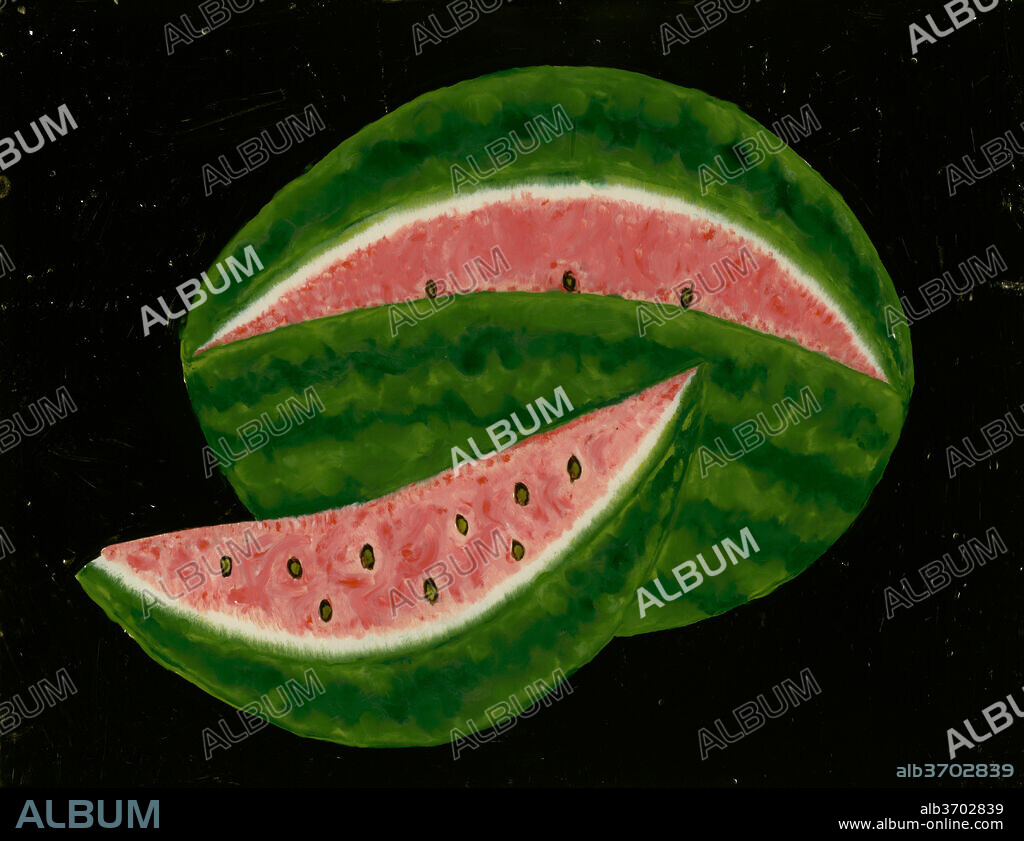 AMERICAN 19TH CENTURY. Watermelon. Dated: mid 19th century. Dimensions: overall: 35.5 x 45.7 cm (14 x 18 in.)  framed: 39 x 49.5 cm (15 3/8 x 19 1/2 in.). Medium: reverse painting on glass.