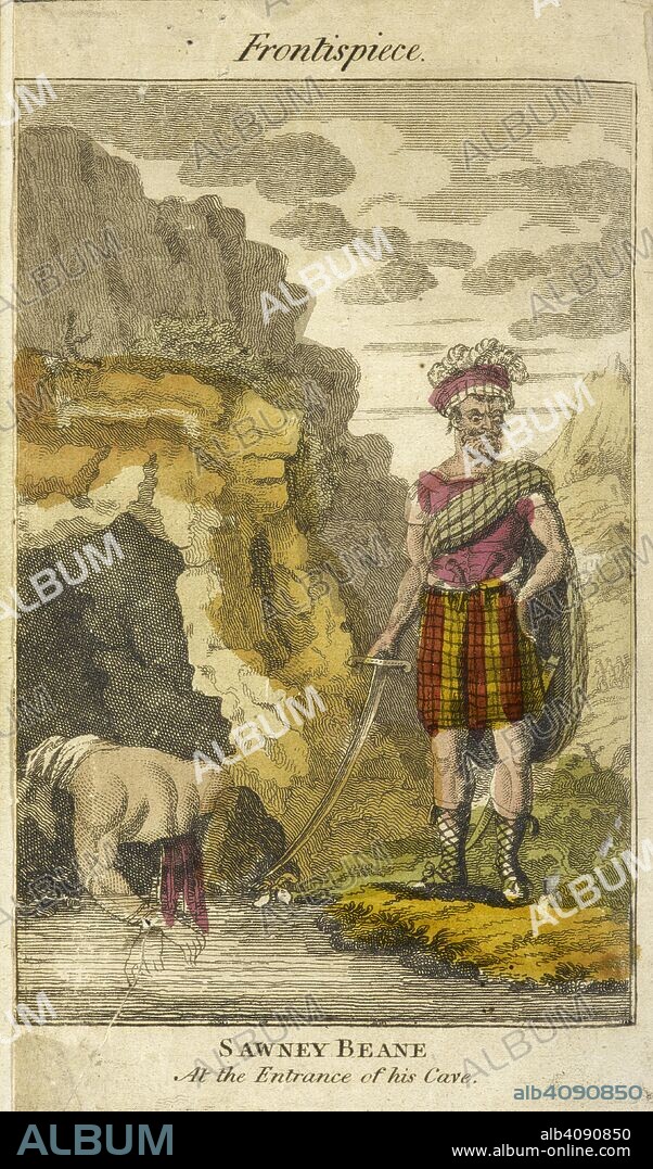 JOHNSON, CAPTAIN CHARLES, PSEUD.. Sawney Beane at the entrance to his cave. Alexander "Sawney" Bean was the semi-mythical head of a 48-member clan in 15th or 16th century Scotland, reportedly executed for the mass murder and cannibalisation of over 1,000 people. Johnson's Lives of Highwaymen, etc. Sawney Beane; or, the Highland murderer ... Together with the lives of the Golden Farmer, Dick Walton ... and Tom Gerrard. [An extract.]. London, [1825?]. Source: 1414.b.67.(4) frontipiece.