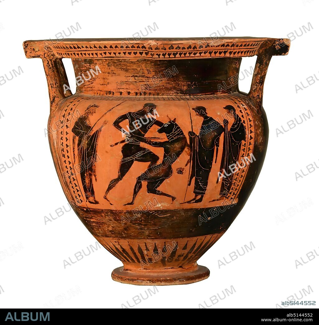Pole-Handle Crater (Theseus and Minotaurs, Comasts), formerly Coll. Walter Kropatscheck (Helgoland), clay, quickly turned, painted (ceramic), alternately fired, clay, turned and painted, Total: Height: 31.3 cm; Width: 34.4 cm; Muzzle diameter: 29.3 cm; Base diameter: 12.9 cm ((foot)), Ceramic, Theseus kills the Minotaur, Minotaur, late archaic, The term rod handle crater or colonnette crater refers to the slender, columnar supports of the two handle plates. The rim of the mouth is decorated with a band of buds, which is pierced by a fan-shaped palmette with a volute on each side. The folded edge is painted with an ivy band. Above the black, unprofiled foot there is a surrounding band of rays. The picture field of side A, bordered by ivy bands on the left and right and a tongue band, shows the fight between Theseus and Minotaur. This theme has been increasingly popular in Attic vase painting since 560 BC. Theseus in short robe attacks the bull-headed monster with his sword. He grabs it with his left hand on the shoulder. Minotaur seems to break his knee at any moment. With his left hand he tries to fend off the sword hand of the advancing Theseus, while he holds a stone in his right hand. To the left and right are youthful spectators in long robes, waiting for the outcome of the fight. Two hold long poles in their hands, which have been associated with the 'Geranos dance' Theseus danced with the rescued girls and boys on the island of Delos. Side B shows five naked men - three bearded, two unbearded - in lively movements and gestures. They are comasts who, after intense enjoyment of wine at the symposium, dance in overflowing joy of life. Again, the picture field is bordered on the sides by ivy branches, on the shoulder by a tongue band.