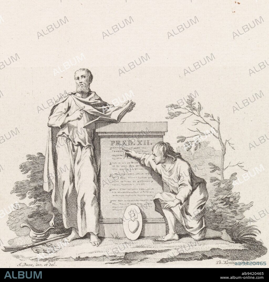 Vignette with Ecclesiastes twelve, Theodoor Koning, after Jacobus Buys, 1777, In the center a stone with Ecclesiastes 12 on it. A man in classical garb is reading from a book. To the right of the stone is a boy pointing to text on the stone. In front of the stone an oval plaque with a burning heart on it. To the left a censer, palm branch and laurel wreath., print maker: Theodoor Koning, (mentioned on object), Jacobus Buys, (mentioned on object), Amsterdam, 1777, paper, engraving, h 229 mm × w 140 mm.