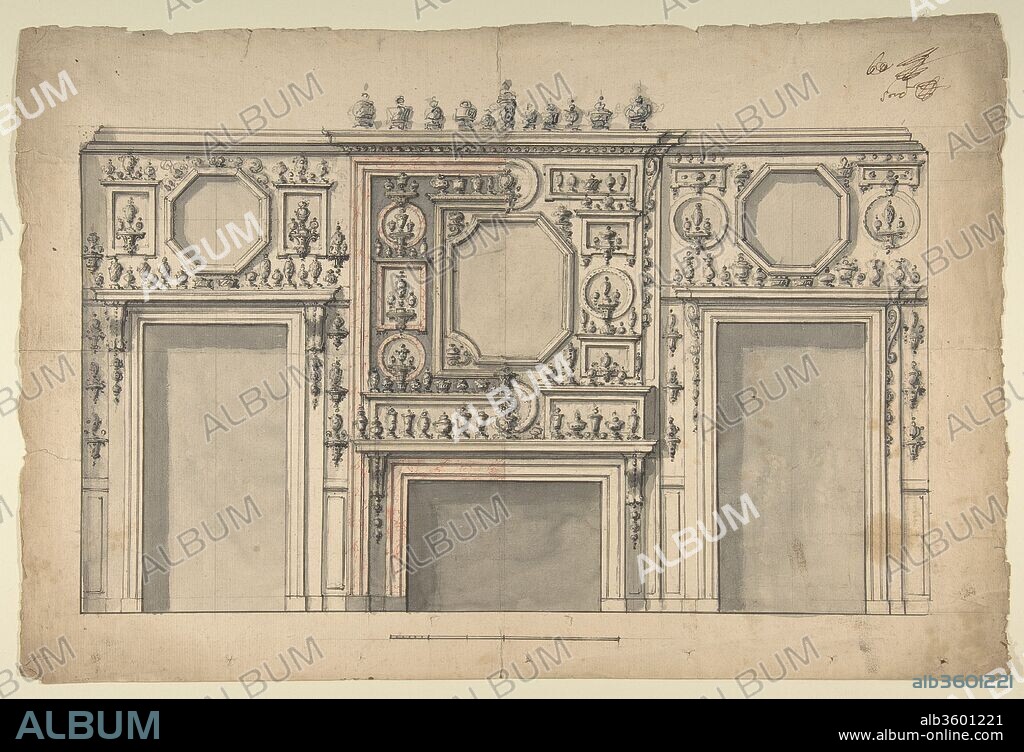 Two Variant Designs for the Interior of a Room, Decorated with Porcelains, Fireplace in Center, and With the Doorways at Either Side. Artist: Anonymous, Italian, first half of the 18th century. Dimensions: 11-11/16 x 17-5/8 in.  (29.7 x 44.8 cm). Date: 18th century.