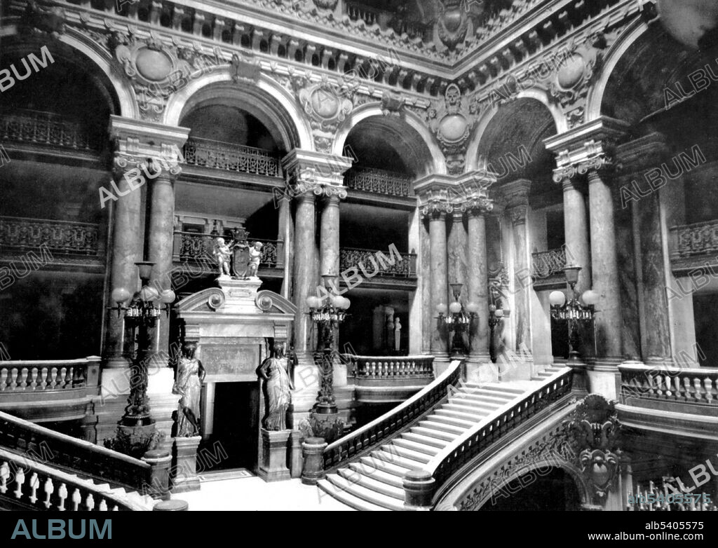 The Palais Garnier is a 1,979-seat opera house in Paris, France. The opera was constructed in what the architect Charles Garnier called the Napoleon III style; highly eclectic, and borrowing elements from the Baroque, the classicism of Palladio, and Renaissance architecture blended together. The facade and the interior followed the Napoleon III style principle of leaving no space without decoration. The building features a large ceremonial staircase of white marble with a balustrade of red and green marble, which divides into two divergent flights of stairs that lead to the Grand Foyer.