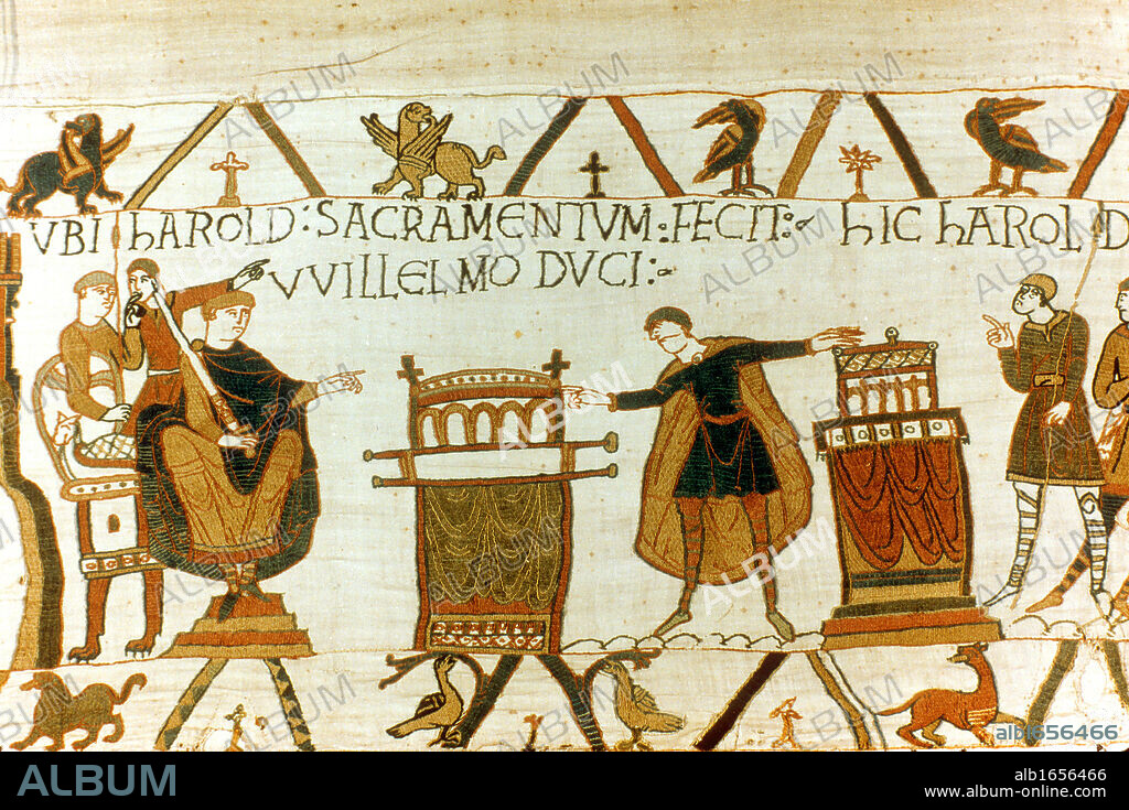 Bayeux Tapestry 1067: Harold Godwinson, Earl of Wessex (Harold II) swearing oath of fealty to William of Normandy (William I, the Conqueror) on holy relics, 1064. William used this oath to boost his claim to English throne. Textile.