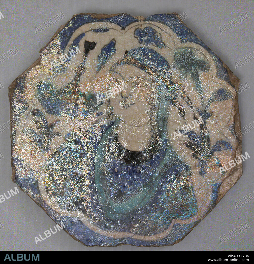 Octagonal Shaped Tile with a Woman Bust in 'Kubachi' Style, Octagonal tile, late 16thearly 17th century, Attributed to Iran, Stonepaste; painted in blue, turquoise, black, and white under transparent glaze, 8.38 in. wide (21.3 cm wide), Ceramics-Tiles.