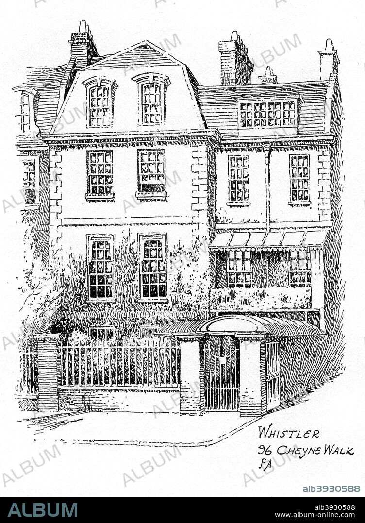 Whistler's house, 96 Cheyne Walk, Chelsea, London, 1912. The home of American-born artist, James McNeill Whistlerb (1834-1903). Illustration from Famous Houses and Literary Shrines of London, by John Adcock, (J M Dent and Sons, London, New York, 1912).