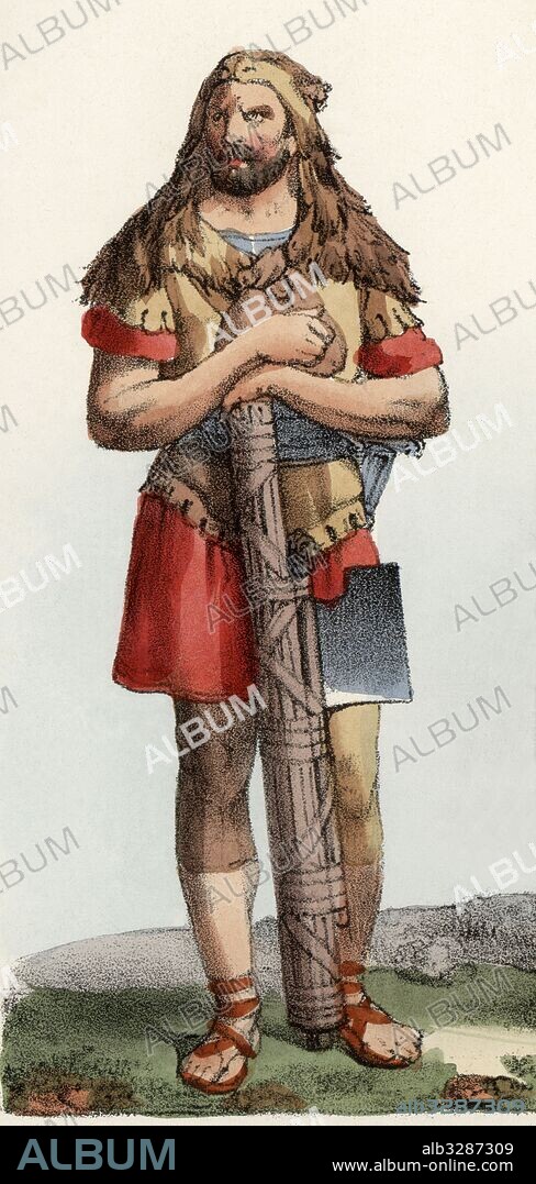 Roma. Edad antigua. Lictor a pie portando el fasces. Miembro de una clase especial de funcionarios públicos en el período republicano de la Roma clásica, cuya tarea era proteger a los magistrados del imperio. Grabado de 1900.
