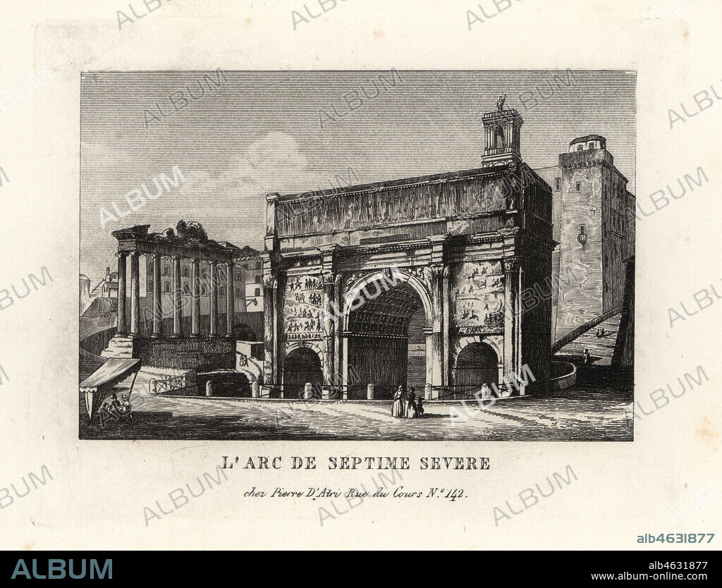 View of the Arch of Septimius Severus, Arco di Settimio Severo, Roman Forum, Rome. Copperplate engraving from Pietro Datri's New Collection of Principal Views of Rome Ancient and Modern with the ruins of war, Rome, 1849.