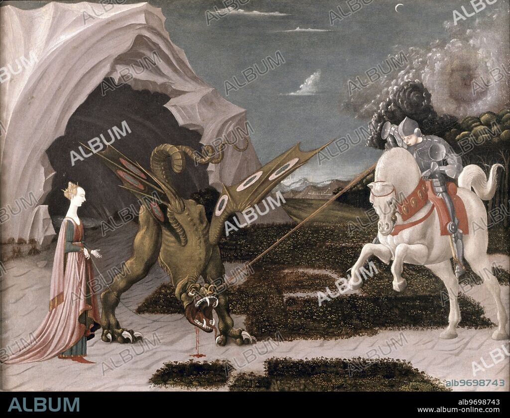 St George and the Dragon - 1470. painted by Paolo Ucello (1397-1475). hanging in the National Gallery. Paolo (di Dono) Uccello, painter of works in mathematically applied perspective, was born in Florence. He received his first training as a Gothic painter. Uccello, who went to Venice in 1425 and was the first to bring Renaissance ideas to the Venetian area, holds a unique place in the history of art, for he became involved with perspective to the virtual exclusion of the ethical or intellectual concepts found in other Renaissance artists. Paintings by Uccello are intriguing not because they accurately resemble life, but rather because they differ form it or are so arranged as to confuse us into mistaking illusion for reality. ©2006 Credit:TopFoto.