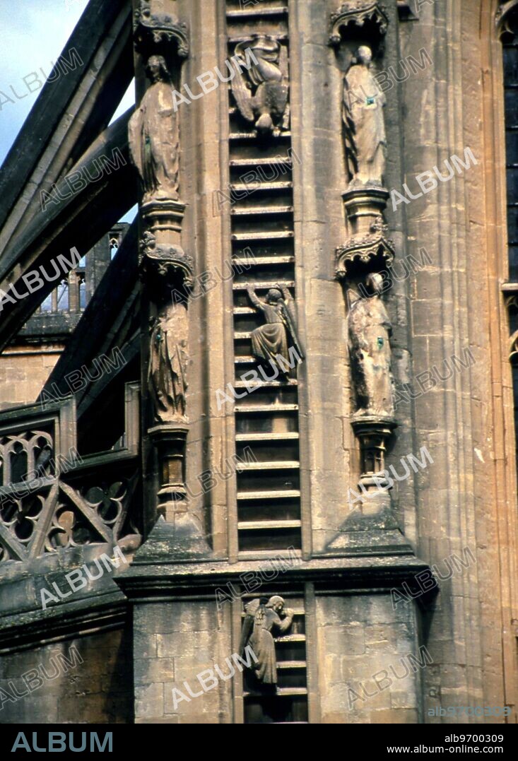 ANGELS - Angels ascending and descending the ladder set twixt heaven and earth. detail of sculptured facade of Bath Abbey Church, 14th century.