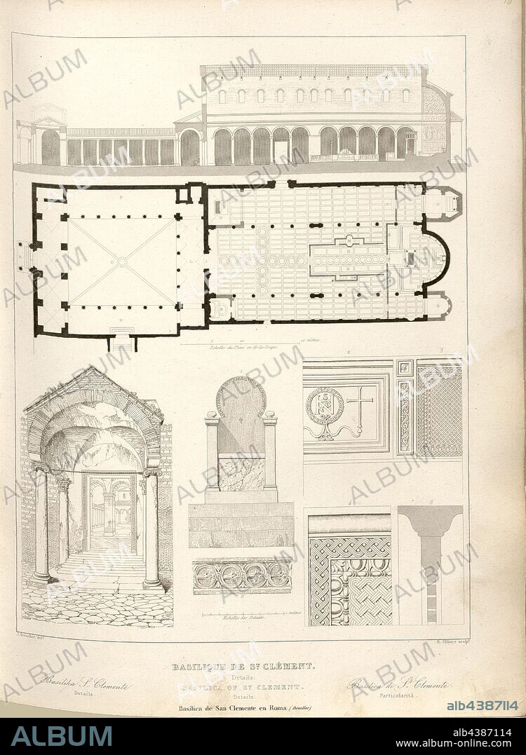 Basilica of St. Clement in Rome. Details, Floor plan and cross section of the Basilica of San Clemente in Rome, signed: J. Bouchet del, E. Ollivier sculp, Fig. 11, p. 45, Bouchet, Jules Frédéric (del.); Ollivier, Emile Edmond (sc.), 1853, Jules Gailhabaud: Monuments anciens et modernes: collection formant une histoire de l'architecture des différents peuples à toutes les époques. Paris: Librairie de Firmin Didot frères, 1853.