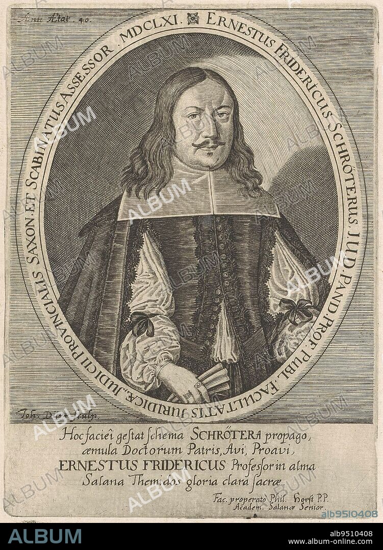 Portrait of Ernst Friedrich Schröter at age 40, Johann Dürr, 1661, With poem of praise in Latin., print maker: Johann Dürr, (mentioned on object), Philipp Horst, (mentioned on object), print maker: Germany, Jena, (possibly), 1661, paper, engraving, h 178 mm - w 130 mm.