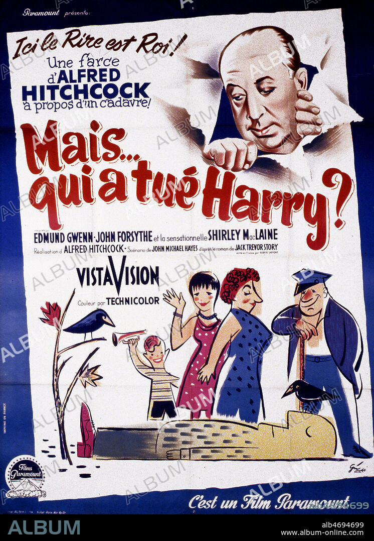 Affiche du film 'Mais qui a tue Harry' realise en 1956 par Alfred HITCHCOCK (1899-1980) avec Edmund GWENN, John FORSYTHE et Shirley MACLAINE. Credit : Coll. Perron/KHARBINE-TAPABOR.