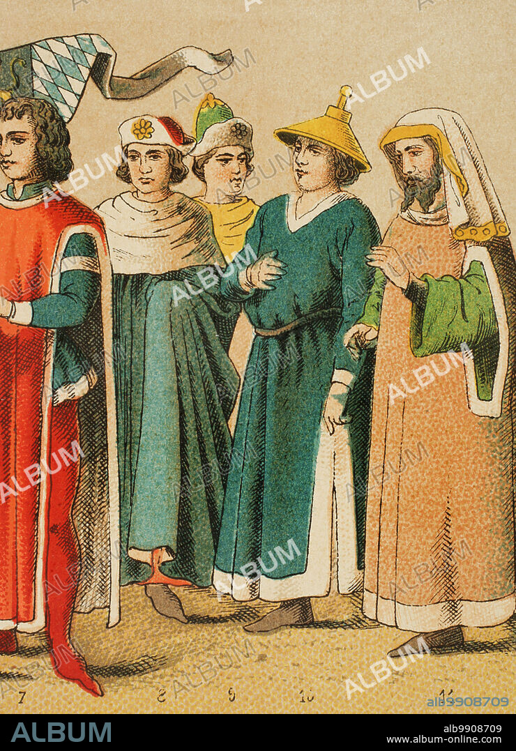 Historia de Alemania. Edad Media. 1400-1450. De izquierda a derecha, 7: Duque de Baviera, 8-9: trajes universitarios, 10-11: judíos. Cromolitografía. "Historia Universal", por César Cantú. Tomo VII, 1881.