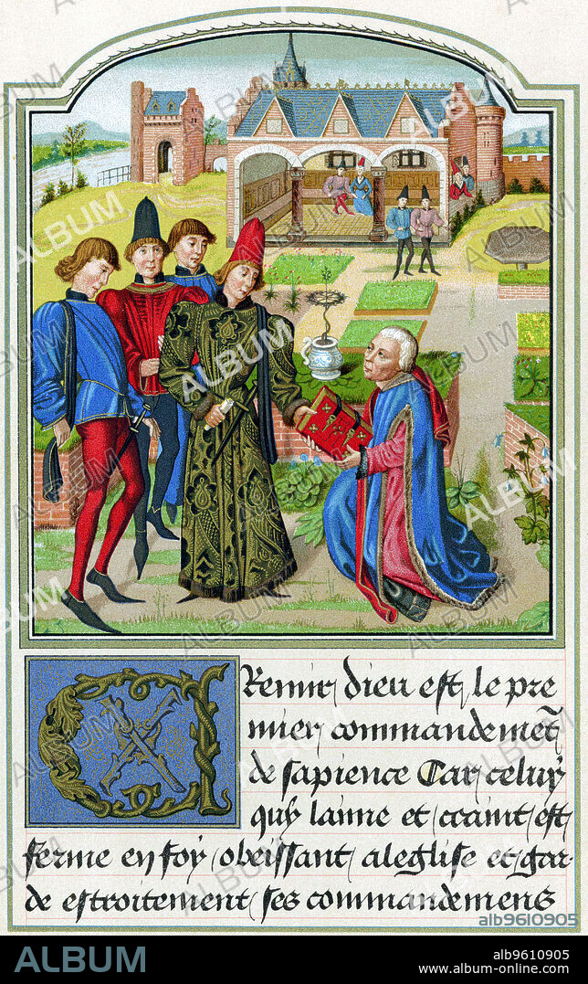 Charles The Bold, Duke of Burgundy, 15th century. Charles (1433-1477), Duke of Burgundy from 1467, accepting a book from Georges Chastellain (c1405 or c1415-1475), the Burgundian chronicler and poet. Chromolithograph after a miniature from Chastellain's L' Instruction d'un jeune Prince.