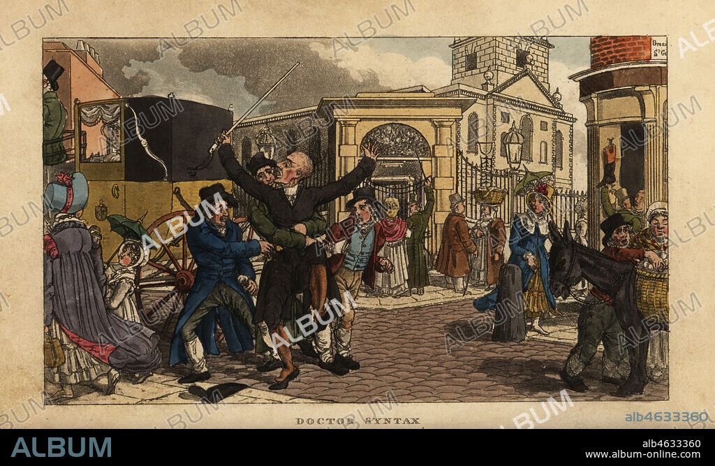 Georgian gentleman mugged by three pickpockets in a slum, London. Robbed of his tricorn, wig, purse and papers. A boy steals eggs from a basket at right. Doctor Syntax robbed in St. Giles. Handcoloured copperplate engraving after an illustration by Isaac Robert Cruikshank from The Tour of Doctor Syntax through London, in the Pleasures and Miseries of the Metropolis, J. Johnson, London, 1820.