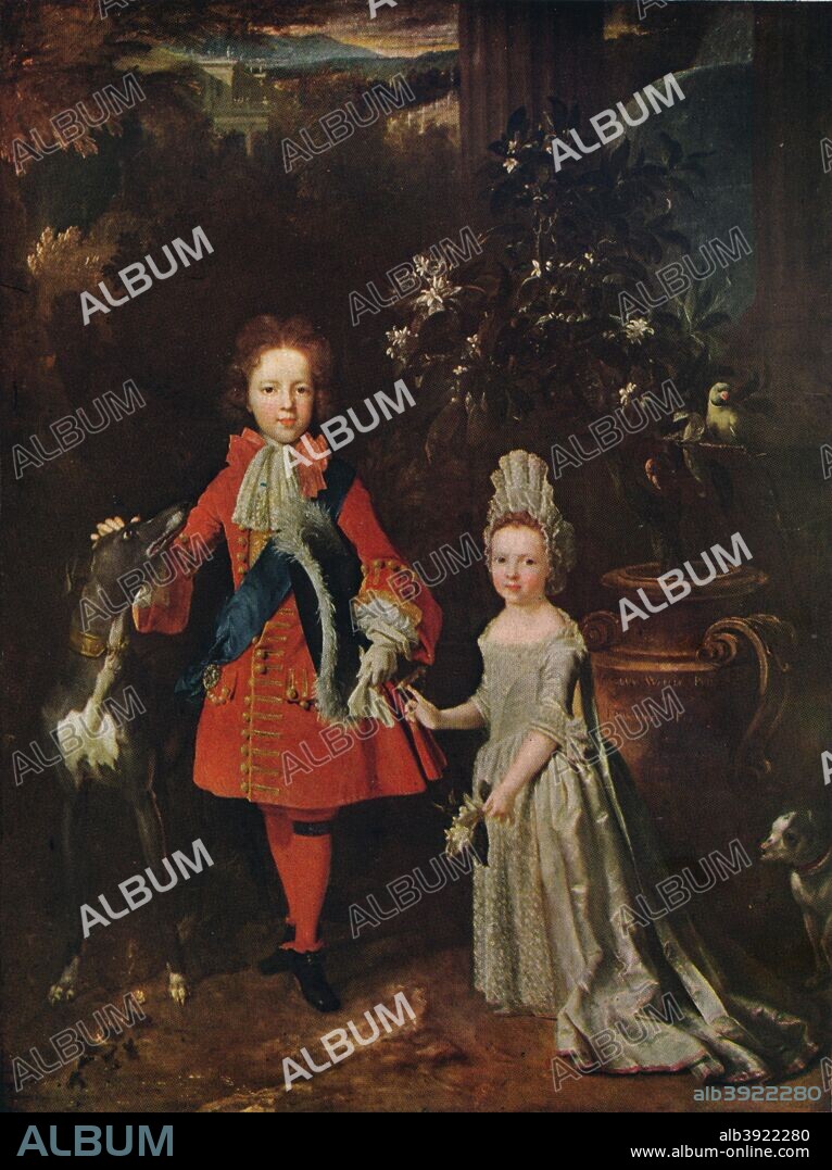 Prince James Francis Edward Stuart (1688-1765); Princess Louisa Maria Theresa Stuart (1692-1712), 1695'. The Old Pretender with his sister. Their father King James II (1633-1701), had been forced to abdicate in 1688. He was excilled in France at Germain-en-Laye, the chateau supplied to the Stuarts by Louis XIV (1638-1715). Original work housed in the National Portrait Gallery, London. From The Connoisseur Volume XLIII [Otto Limited, London, 1915.].