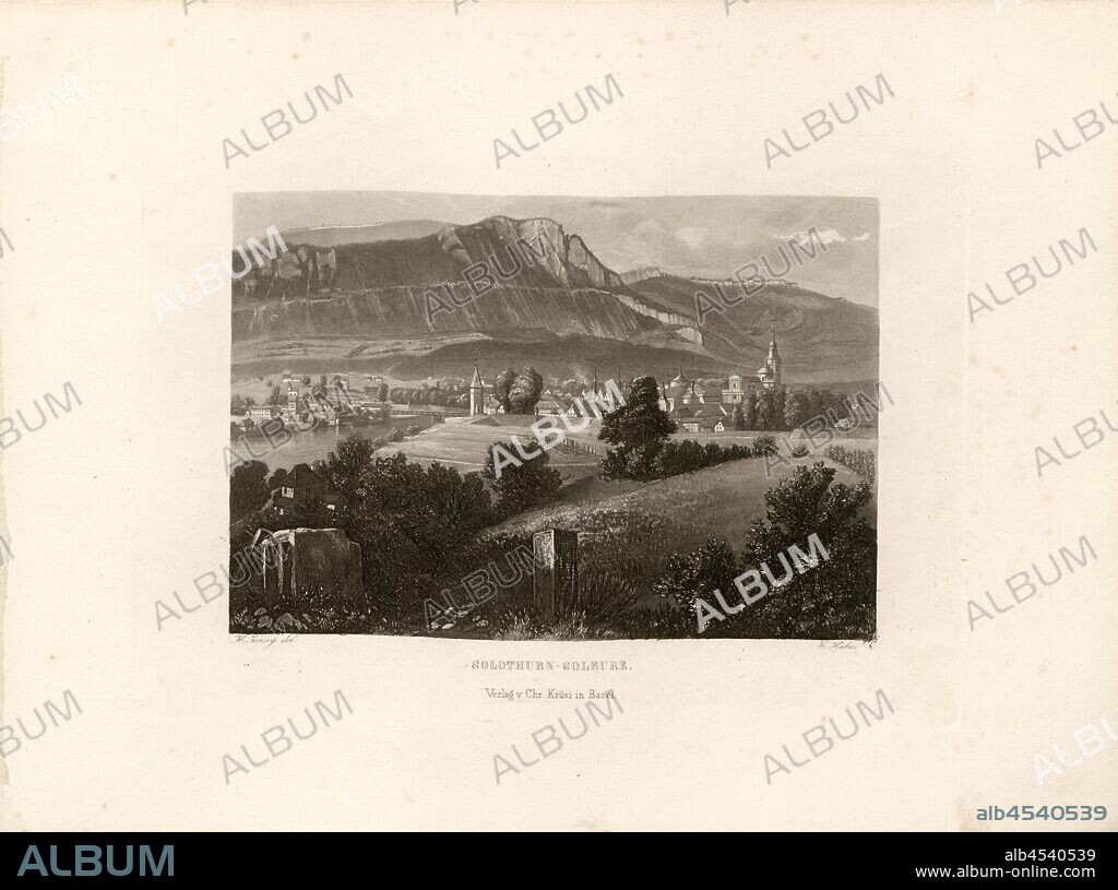 Solothurn, Solothurn with Aare, signed: H. Jenny (del.); C. Huber, Taf. 7, p. 19, Jenny, Heinrich (del.); Huber, Caspar Ulrich, 1870, Ludwig Rohbock: Album der Nord- und Ostschweiz: 100 Stahlstiche aus den Cantonen Basel, Solothurn, Aargau, Zürich, Schaffhausen, Thurgau, St. Gallen, Appenzell, Glarus und Graubünden. Basel: Verlag von Chr. Krüsi, [ca. 1870].