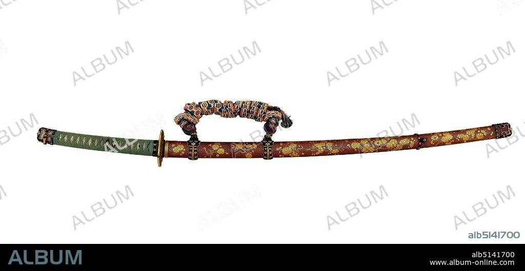 Ceremonial sword with cherry blossom branches and Paulownia coat of arms, wood, lacquer, total: length: 95,50 cm; width: 3,70 cm, signed: on the blade: Kanezane, weapons (warfare/military), plants, vegetation, Edo period, The sword tachi hangs with the edge down on the belt in contrast to the short and long sword (wakizashi and katana).