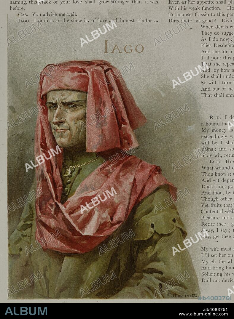 WILLIAM SHAKESPEARE. Portrait of Iago, Othello's ensign, and the scheming villain of the play. He wears a red headress and green tunic. Othello. The moor of Venice. Simpkin and Co.: London, 1893. colour illustration. Source: 11765.k.9. Language: English.